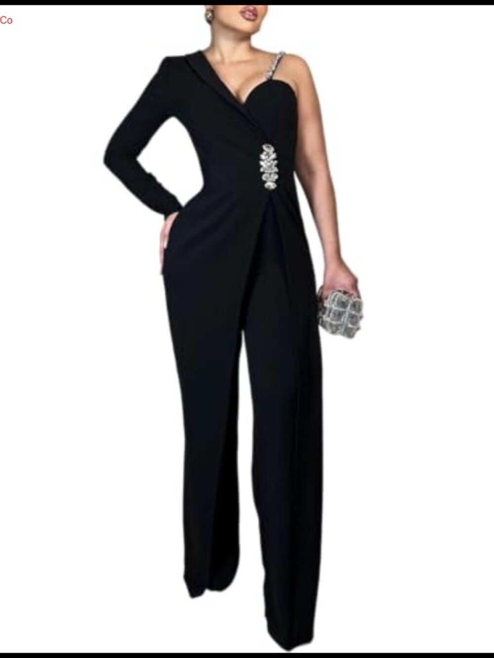 One Shoulder Wide Leg Jumpsuit with Rhinestone Detail